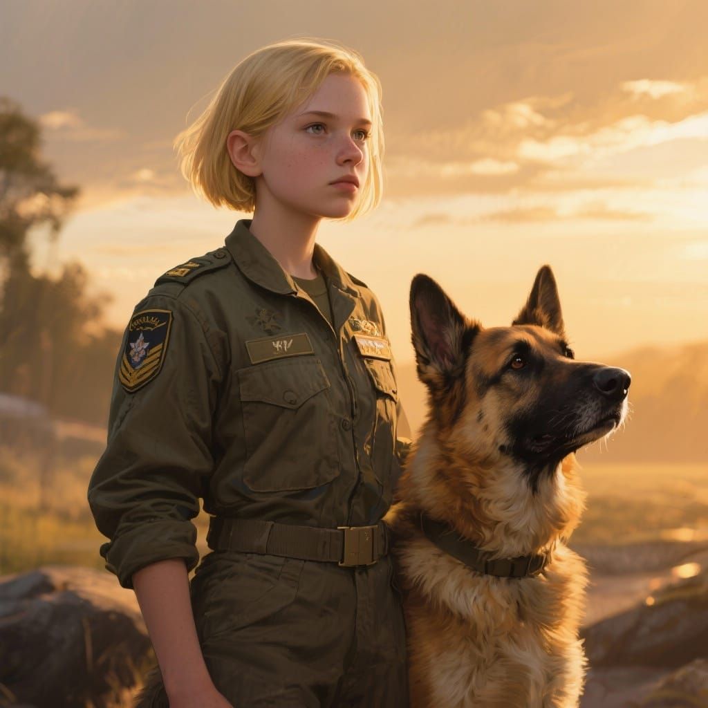 Teen Marine in Uniform with K-9 Dog at Golden Hour