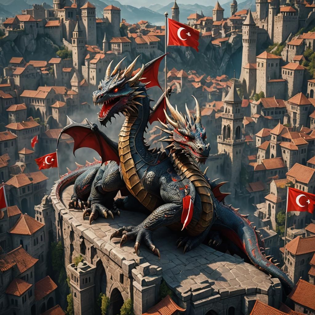 Turkish Flag Dragon: Detailed Fantasy Concept Art