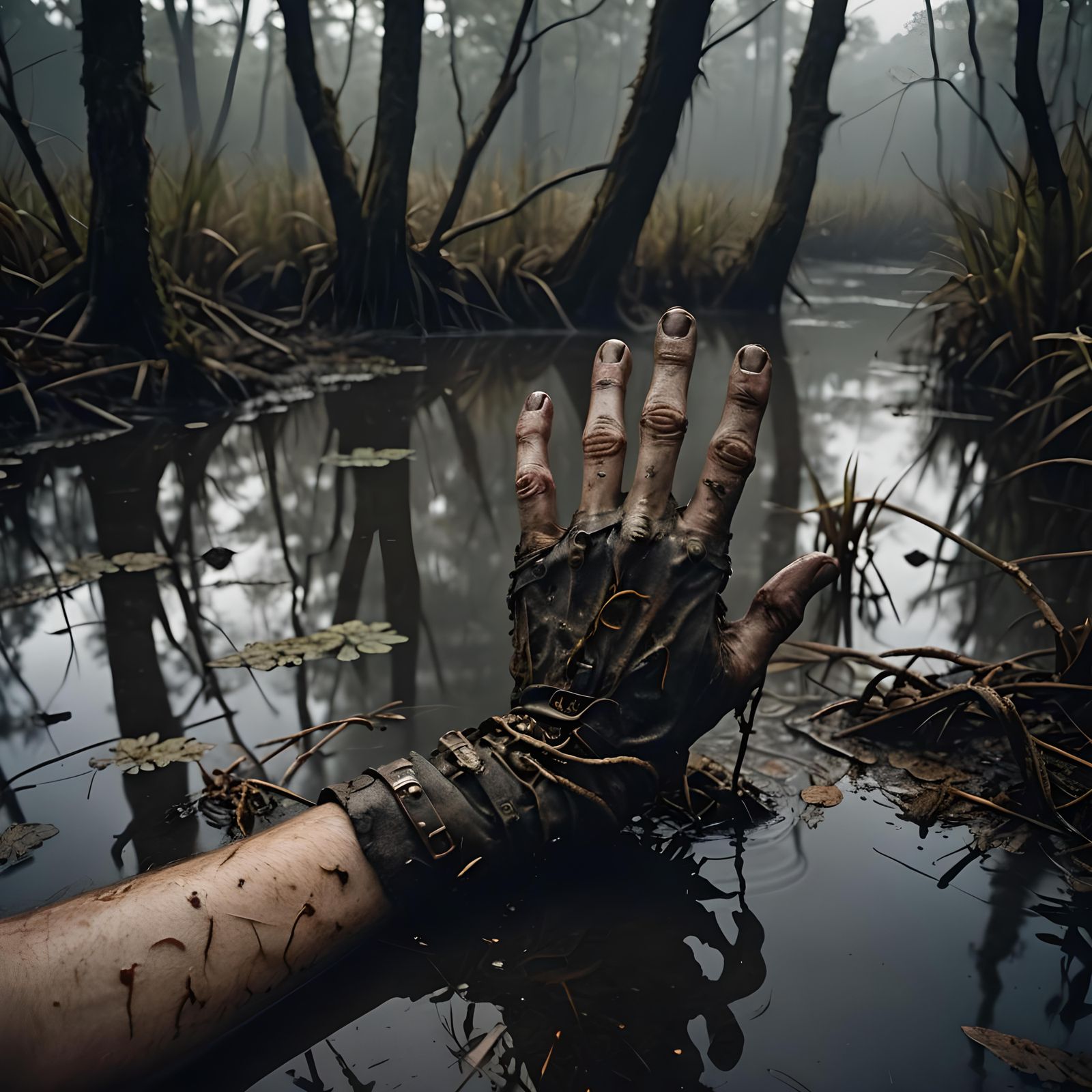 Pale Hand Reaching from Swamp: Cinematic Film Still