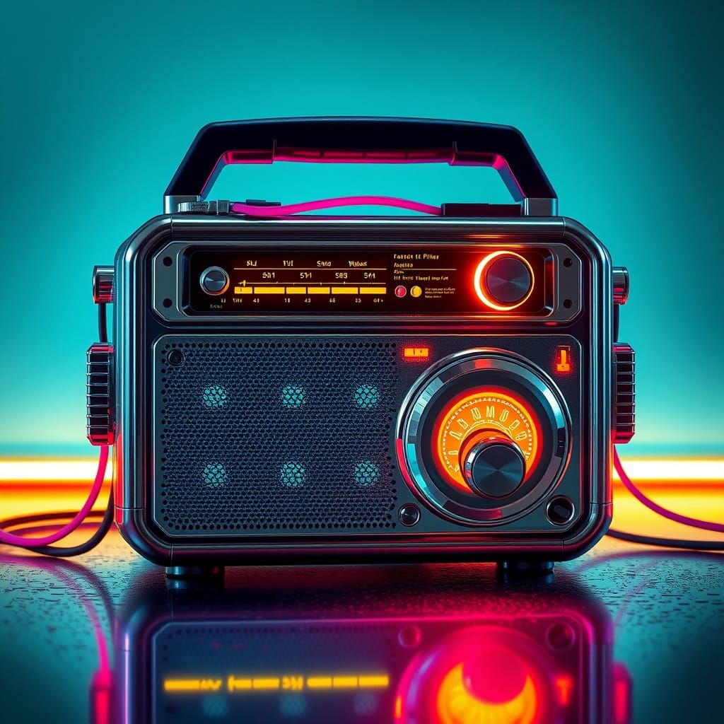 Retro-Futuristic Transistor Radio with Neon Lights