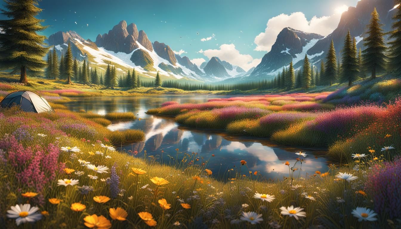 Blooming Meadow Camping Spot in Hyperrealistic 3D