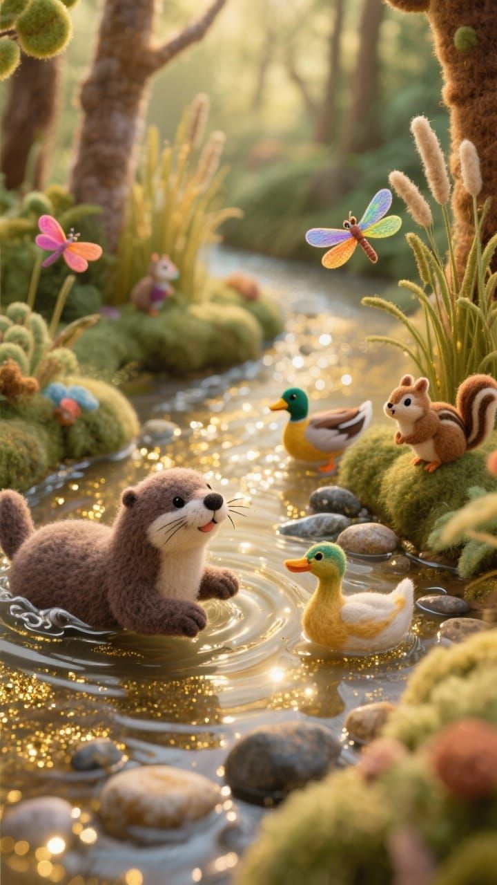 Whimsical Felted Forest Scene With Playful Otters and Ducks