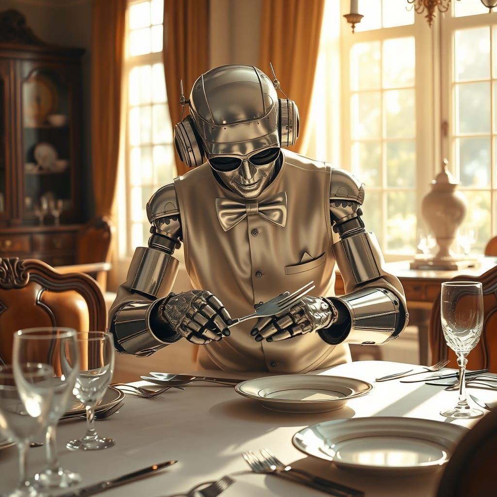 Robot Butler Polishing Silverware in Rockwell Style
