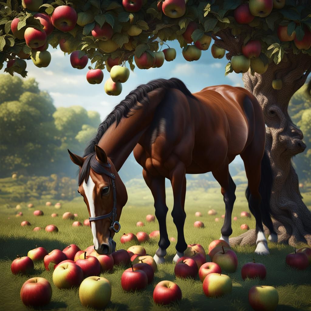 Beautiful Brown Horse Eating Apples in Matte Painting Style
