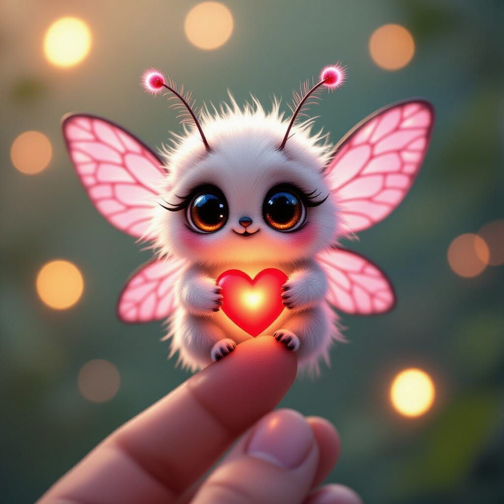 Fluffy Moth Fairy Holding a Glowing Heart