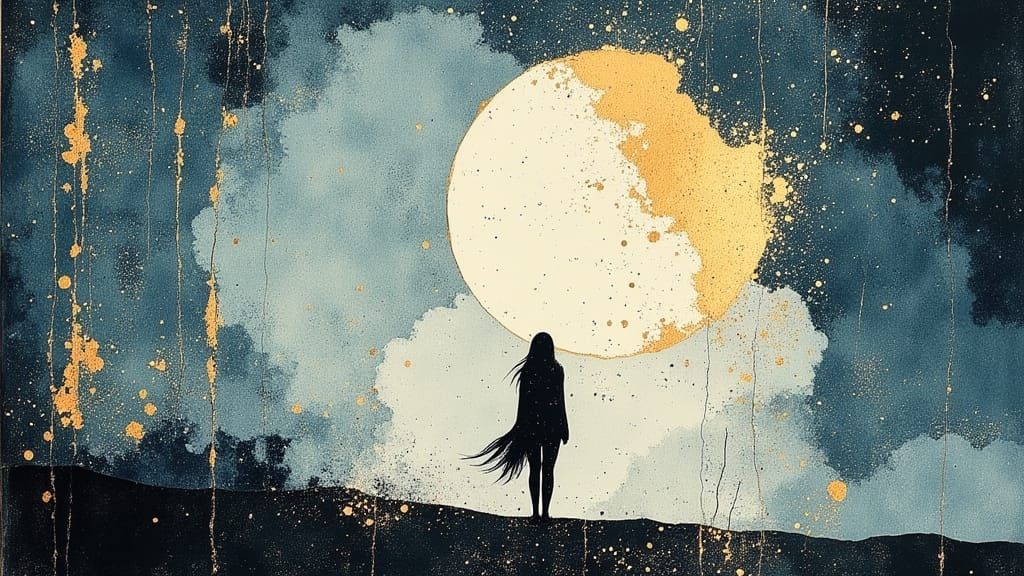 Lone Wanderer Gazes at Moonlit Sky in Abstract Watercolor Ar...