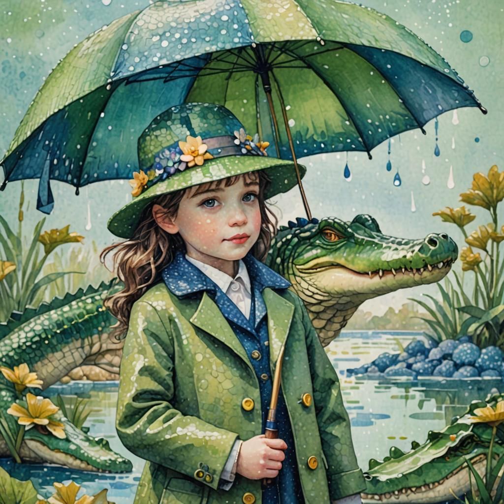 Girl and Crocodile with Umbrella in Pointillism Style