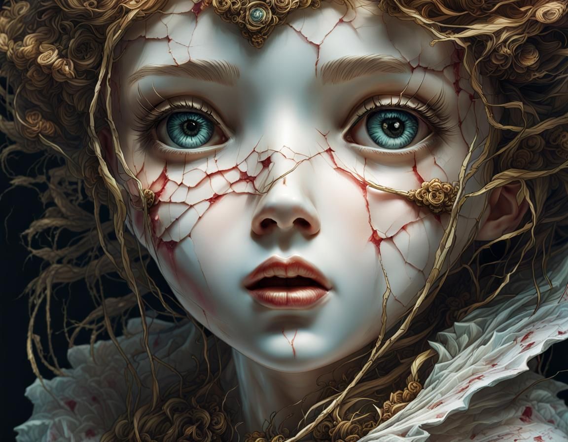 Cracked Porcelain Doll Illustration in Dark Academia Sci-Fi