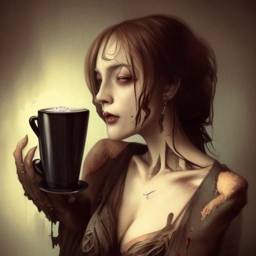 Cute Horror Monster Drinks Coffee, Detailed Digital Art