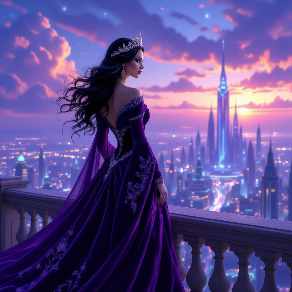 Empress Overlooking Futuristic City in High Fantasy Style