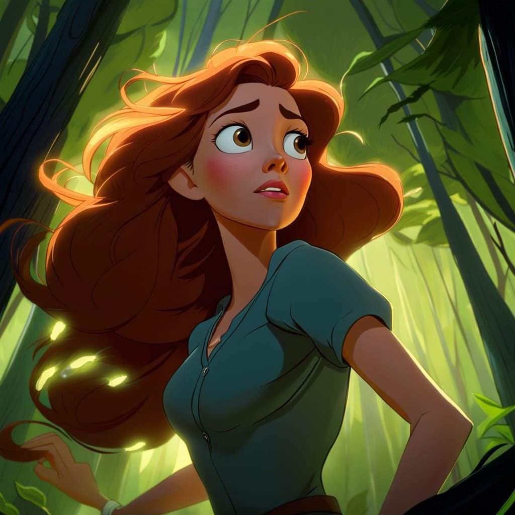 Frightened Woman Runs Through Dark Forest, Animated Style