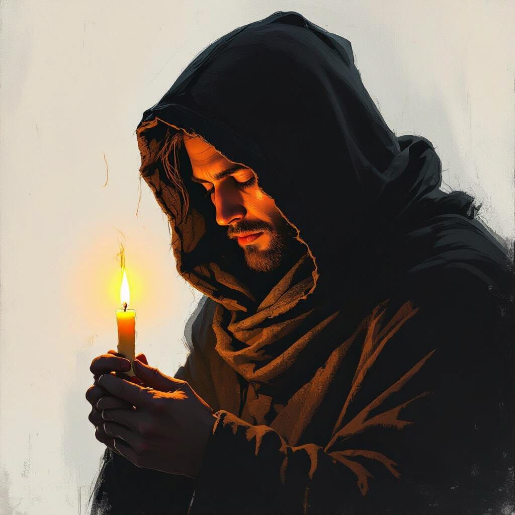 Hooded Figure in Dramatic Candlelight, Painterly Style
