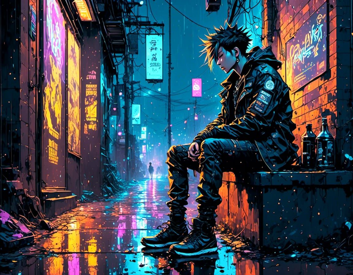 Cyberpunk Punk in Rainy Alleyway