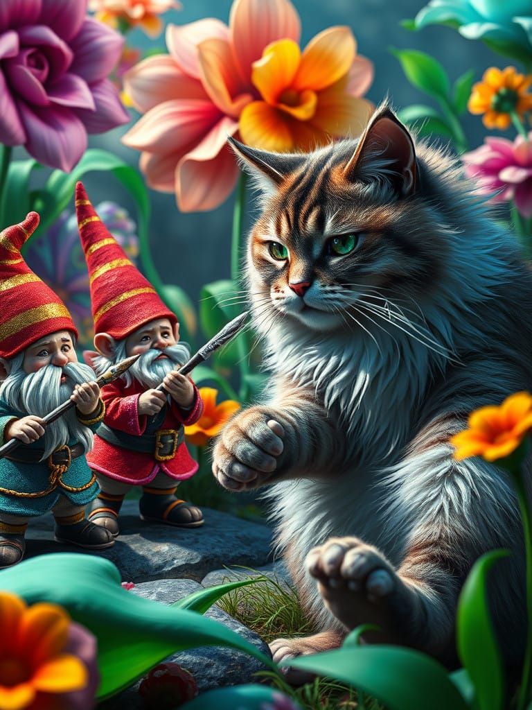 Whimsical Gnomes Clash with Majestic Cat in Vibrant Dreamlik...