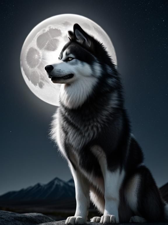 Alaskan Malamute Howling at the Moon in HDR