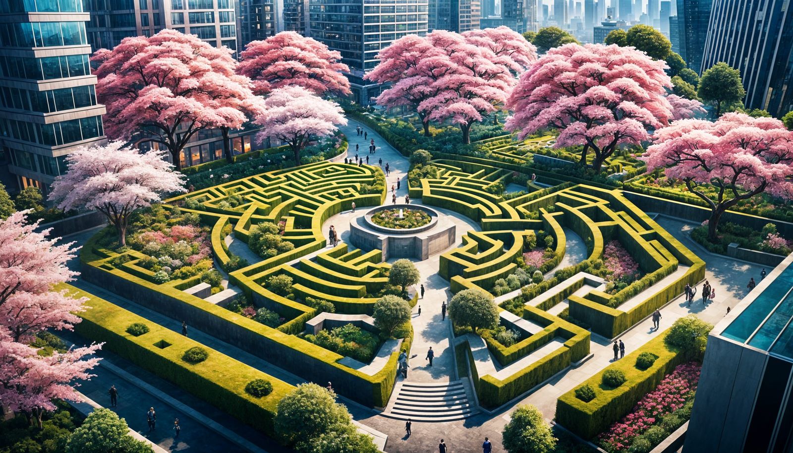 Luxurious Maze Urban Garden with Sakura Trees: Digital Art