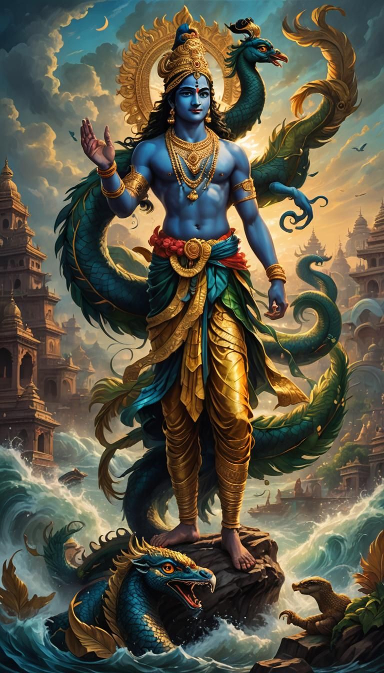 Krishna's Kalia Mardan Leela: Vibrant Oil Painting