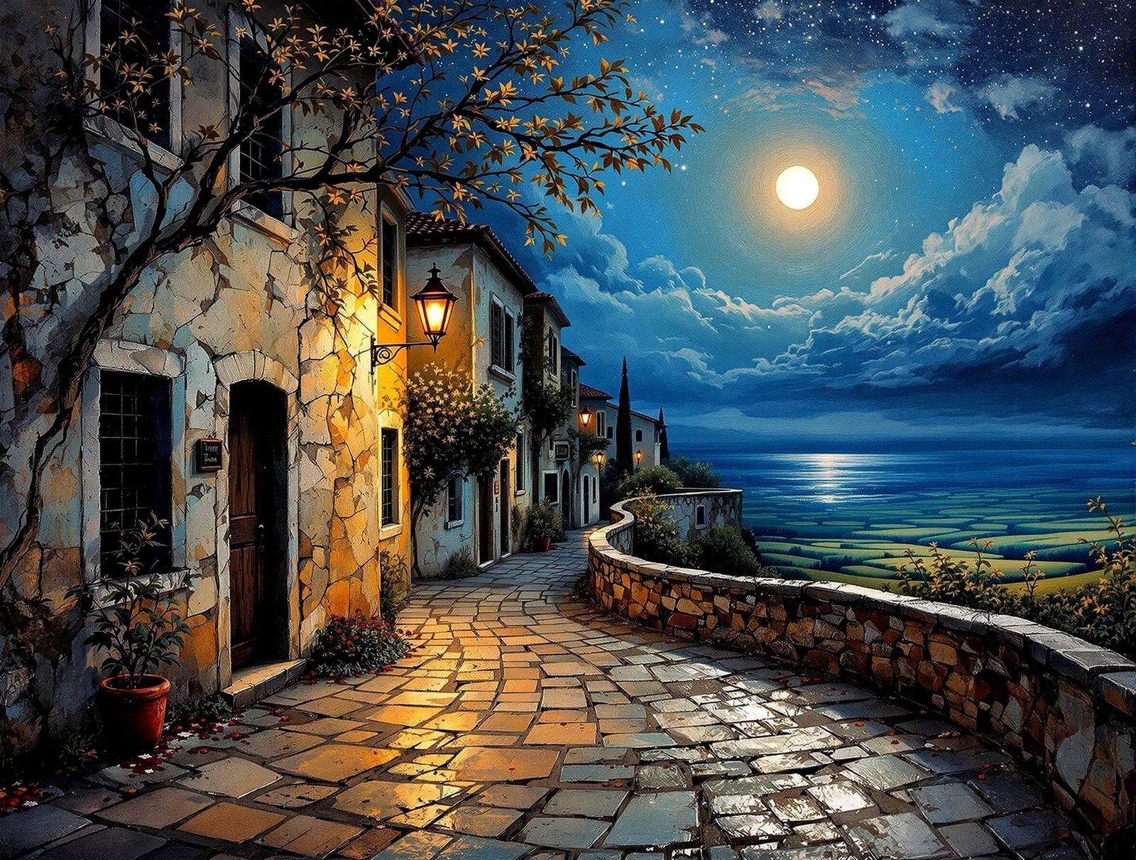 Mediterranean Town Street Acrylic Painting Under Moonlight