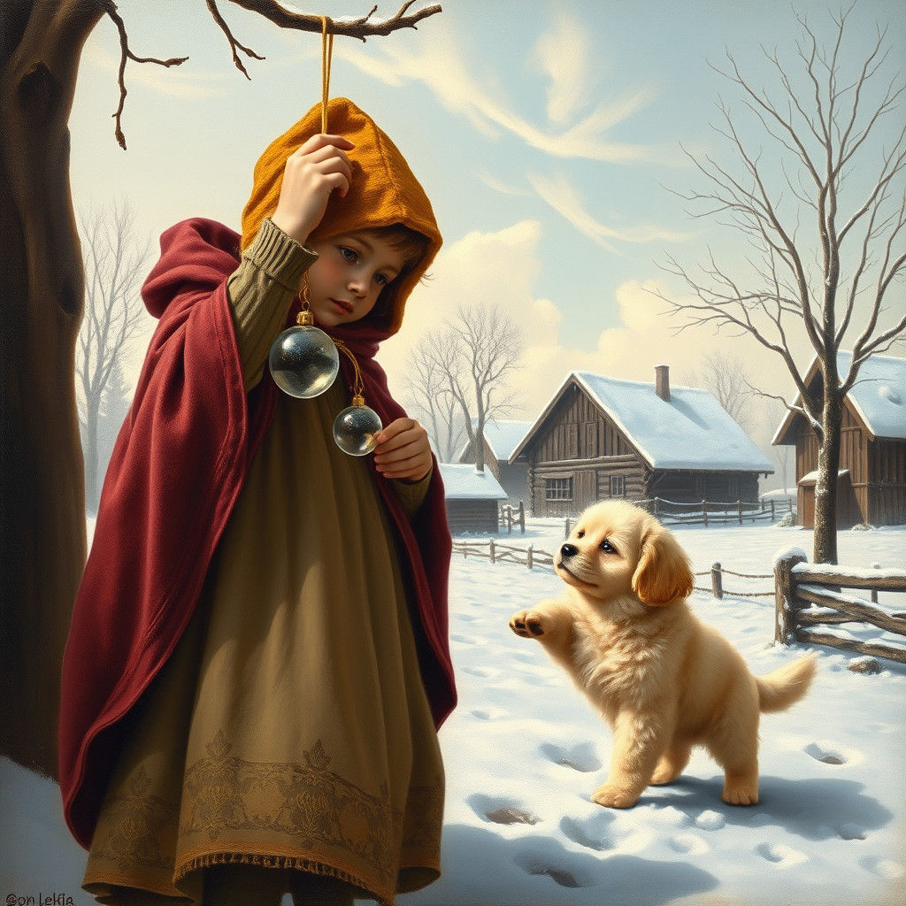 Renaissance Child and Puppy Decorating Winter Farm, Oil Pain...