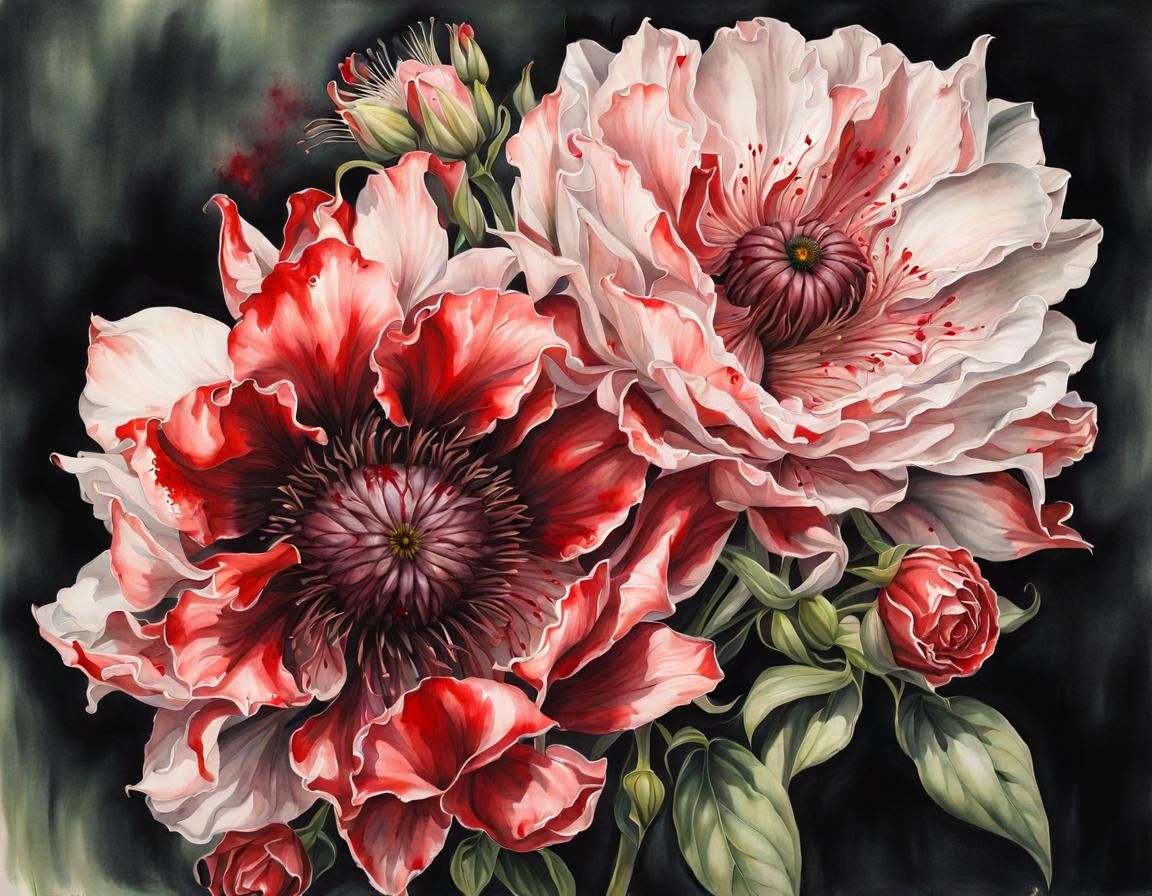 Gory Young Woman with Flowers in Watercolor