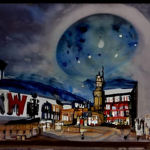 Wigan Town in Watercolor Under Moonlight