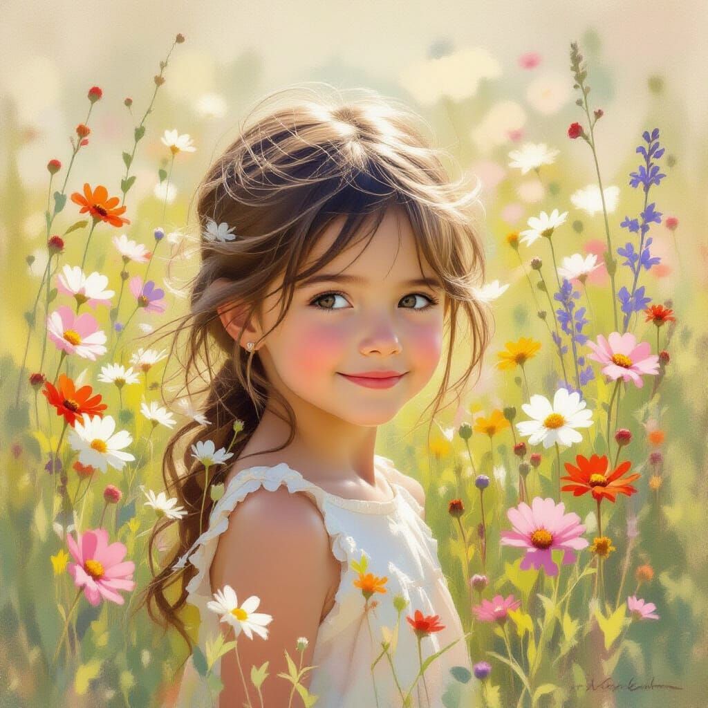 Young Girl in Wildflower Meadow, Pastel Impressionistic Port...