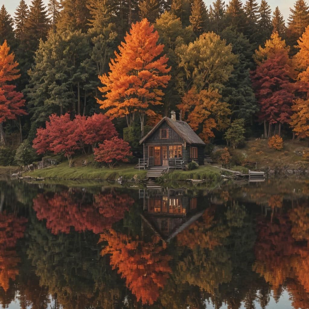 Hyperrealistic Cottage Amidst Autumn Colors at Sunset