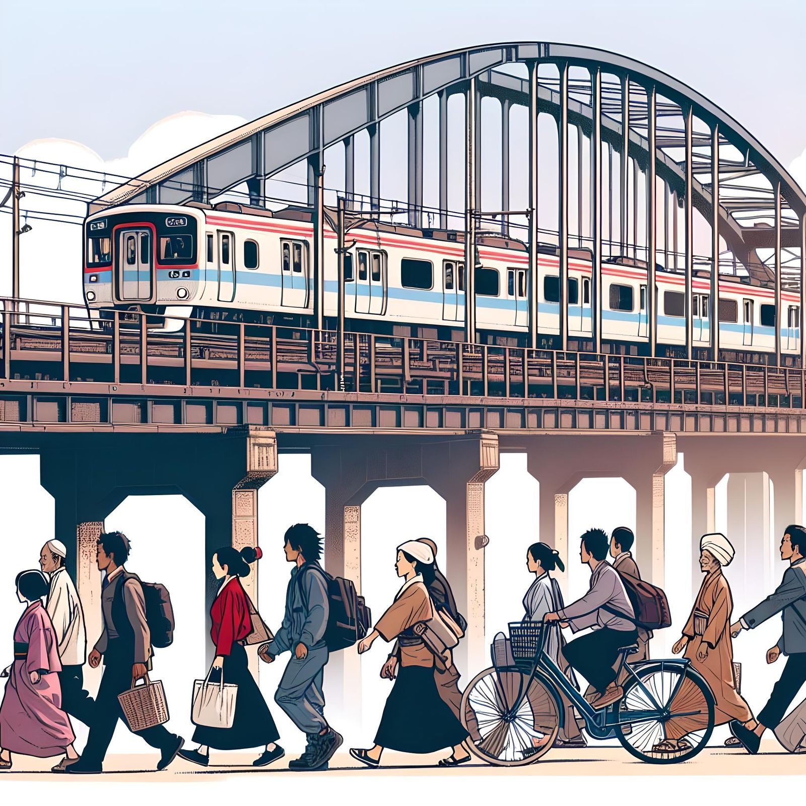 Anime-Style Japanese Bridge with Passing Train