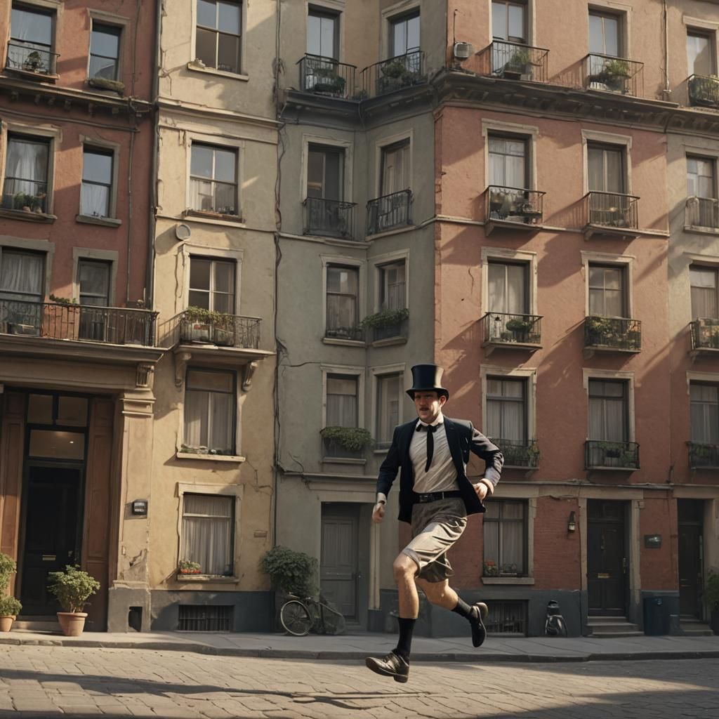 Man in Top Hat Runs Through Apartment