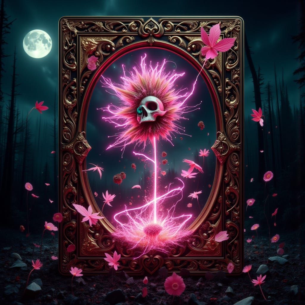 Skeleton's Bloom: Surreal Rebirth in Van Gogh and Dali Style