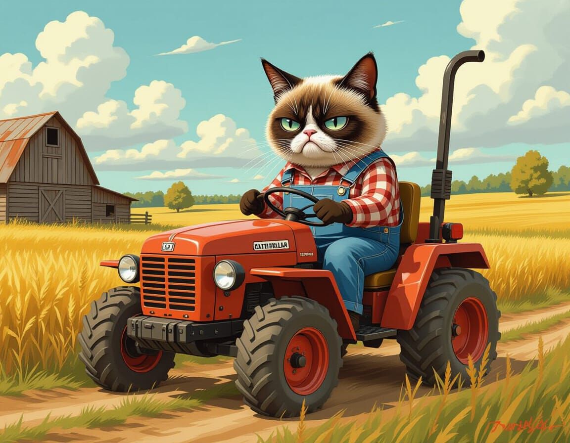 Grumpy Cat Drives Tractor on Farm, Digital Art
