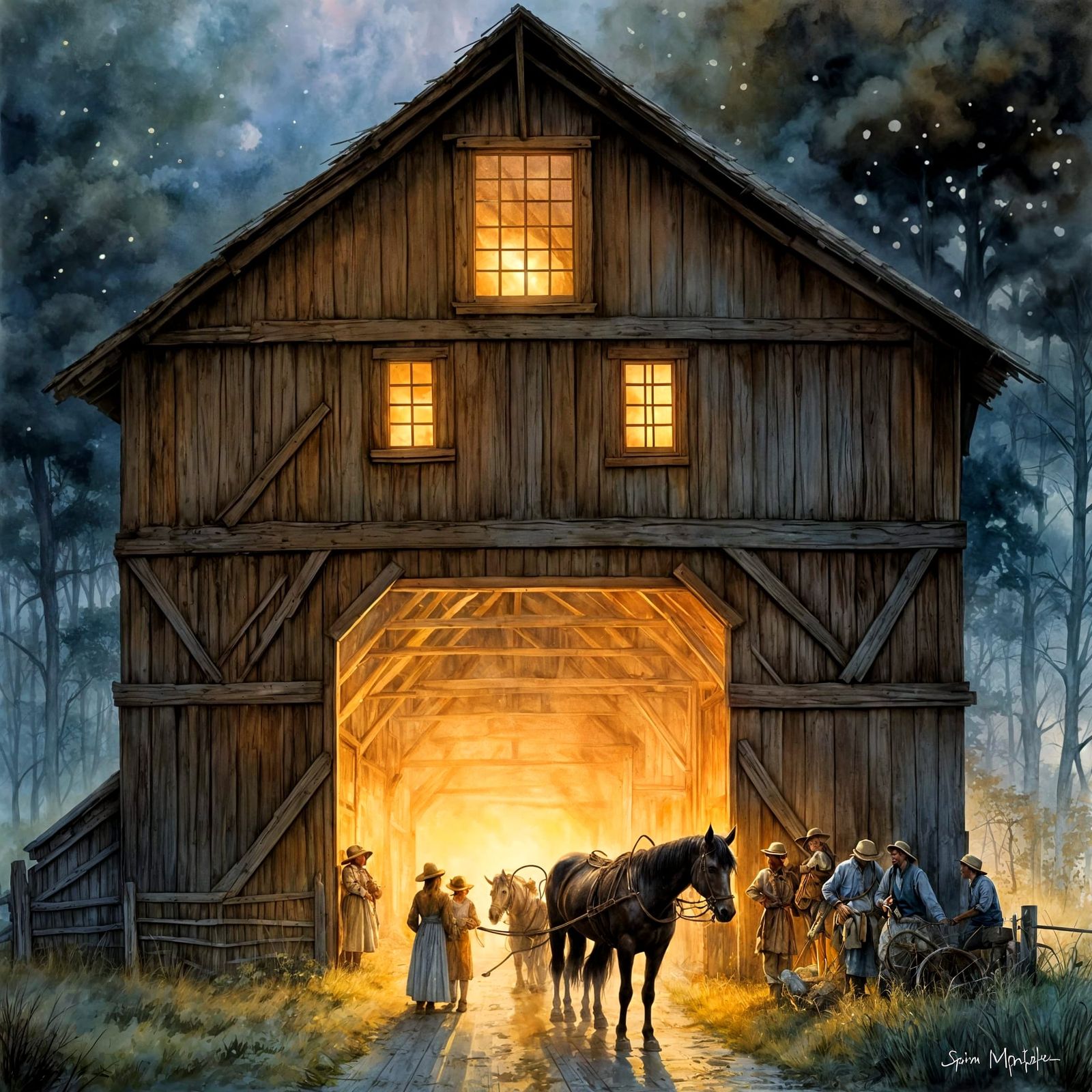 Whimsical Amish Family Barn Scene in Watercolour Style
