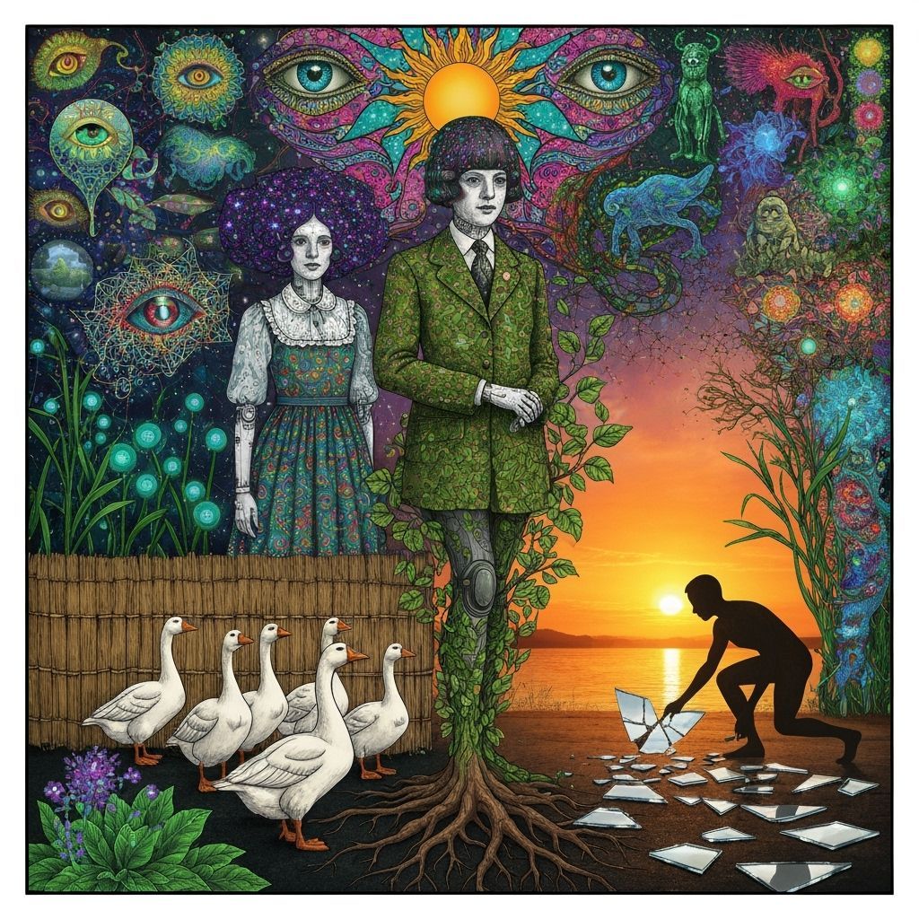 Folkloric Robot Sculpture with Twins Amidst Bioluminescent G...