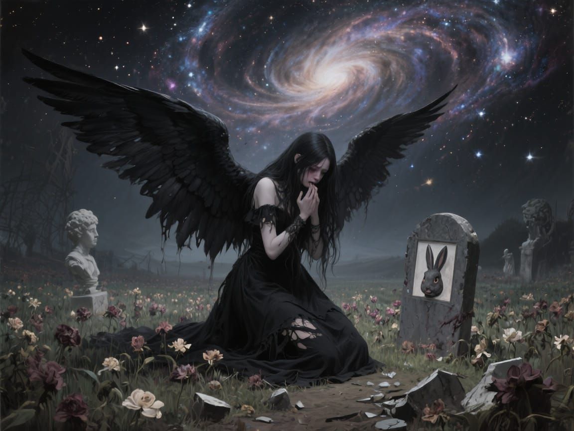 Gothic Angel Mourns in Dying Field, Dark Romantic Art