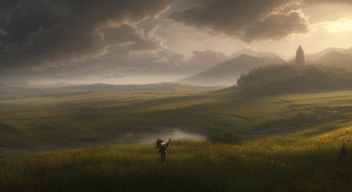 Dark Fantasy River Valley in Afternoon Sunlight