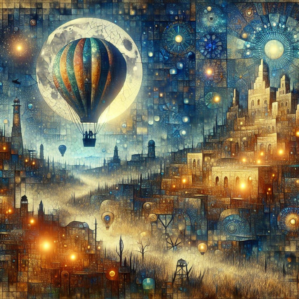 Hot Air Balloon Landing in Ghost City: Luminist Illustration