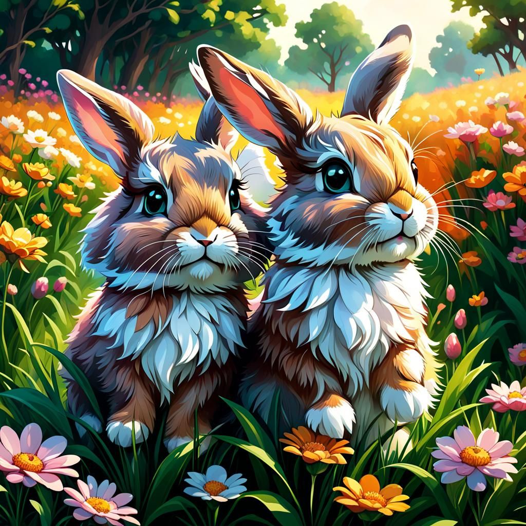 Chibi Rabbits in Flower Field, Graphic Art