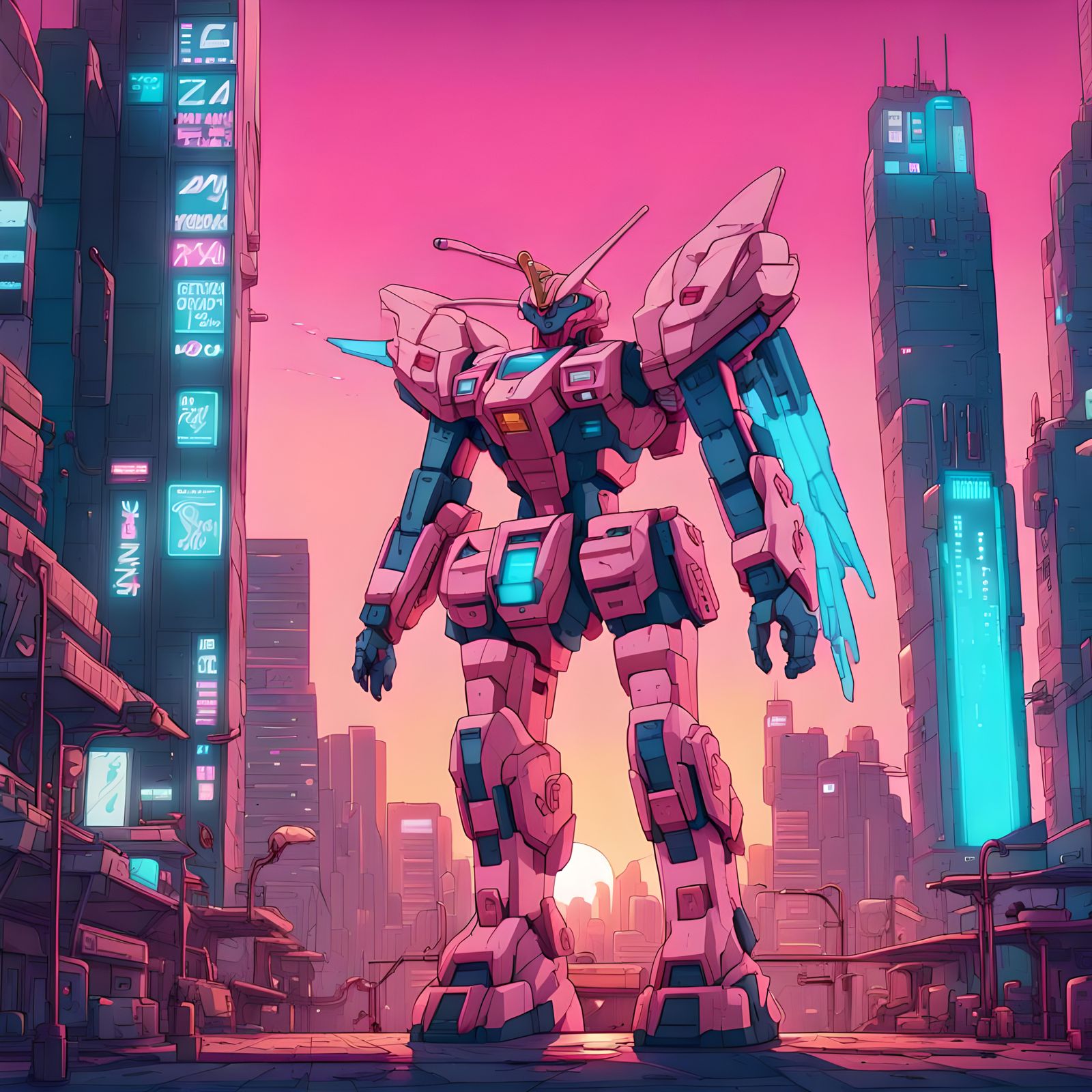 Mechanical Pink Flamingo Gundam in Anime Style