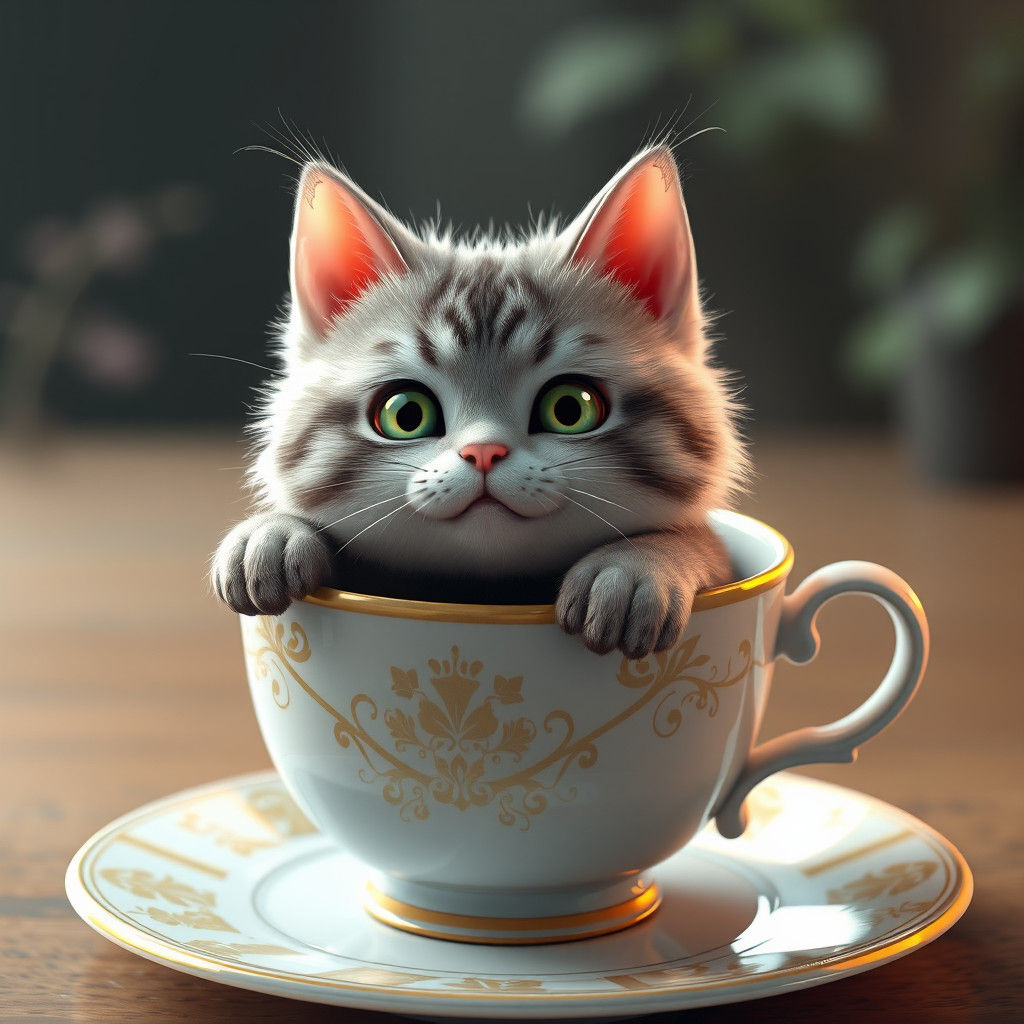 Big Cat in Teacup: 3D Anime Art