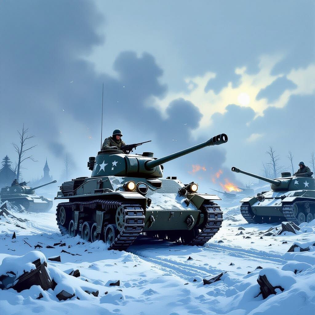 WWII Sherman Tank Amidst Panzer Wreckage in Winter