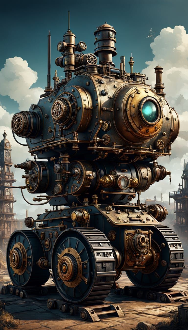 Armored Steampunk Robot Warrior in Matte Painting Style