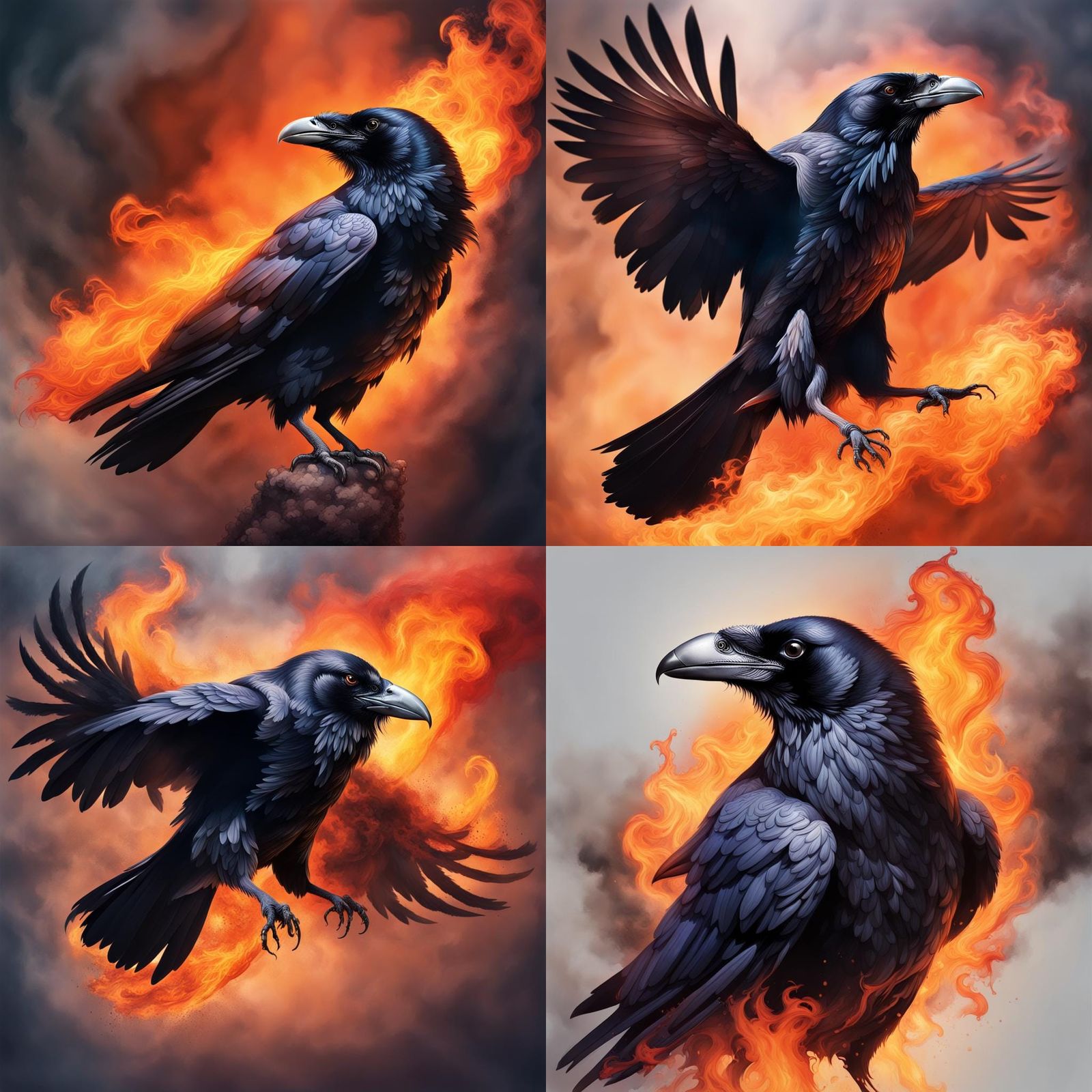 Hyperrealistic Raven in Fire and Smoke