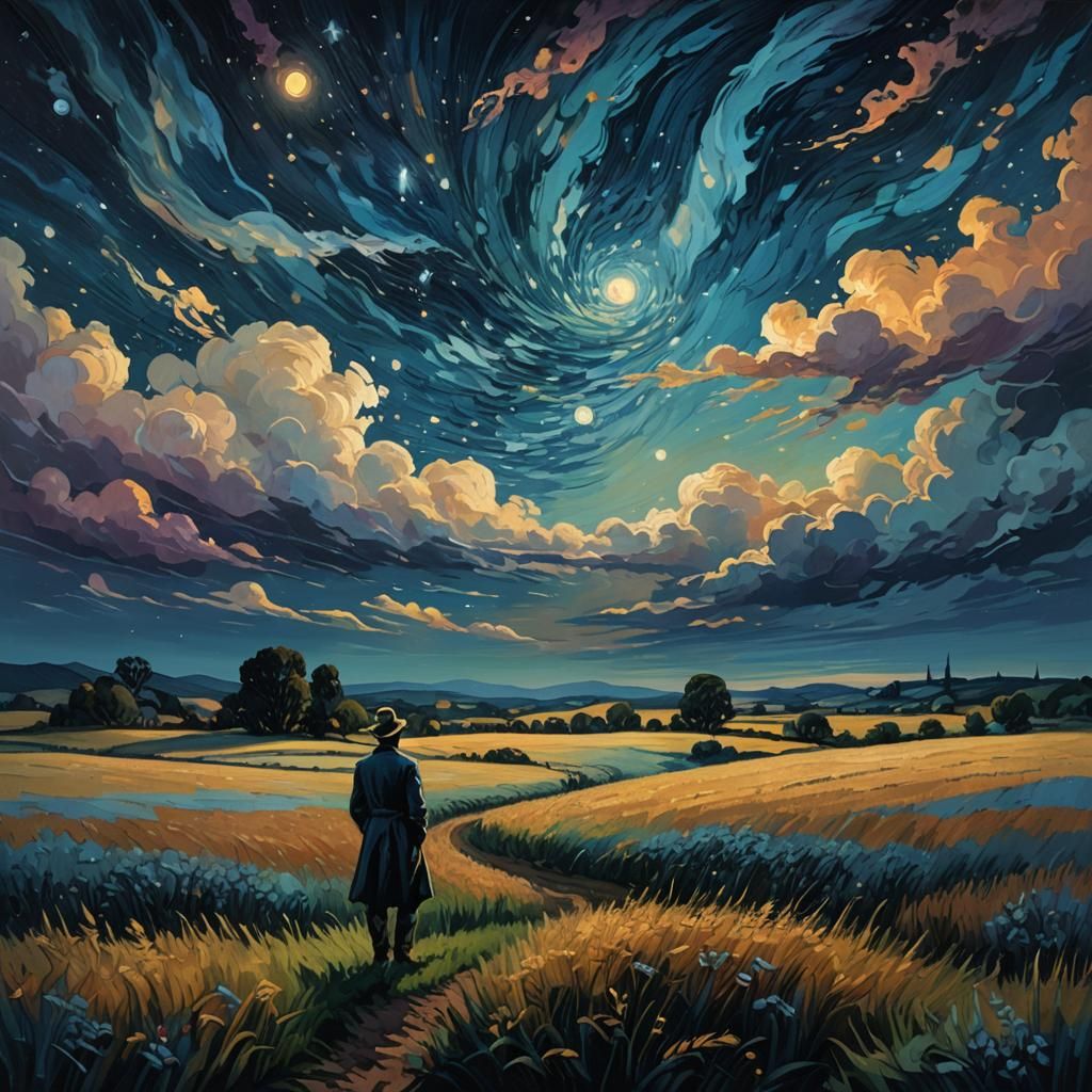 Starry Night Inspired Celestial Landscape in Zaffre Hues