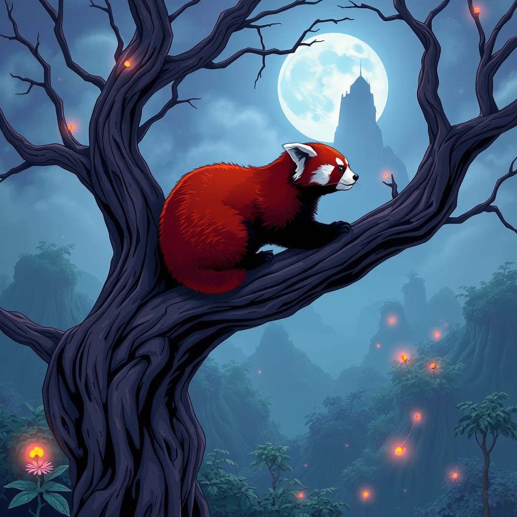 Red Panda Gazes at Alien Landscape in Anime Style