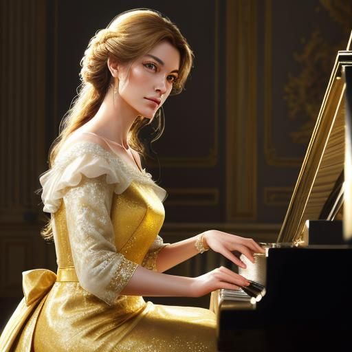 Elegant Woman Plays Piano: Oil Painting in 8k