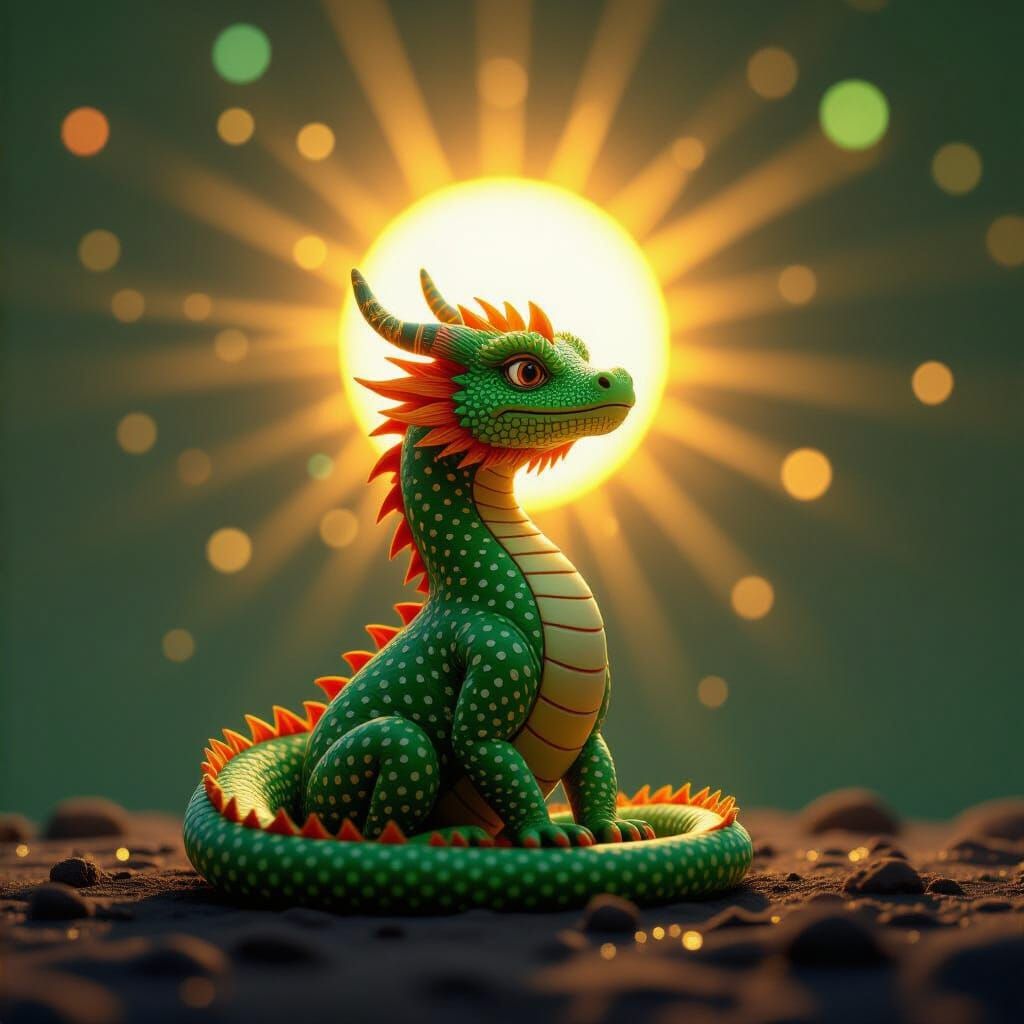 Polka Dot Dragon Gazing at Sun in Cyberpunk Style