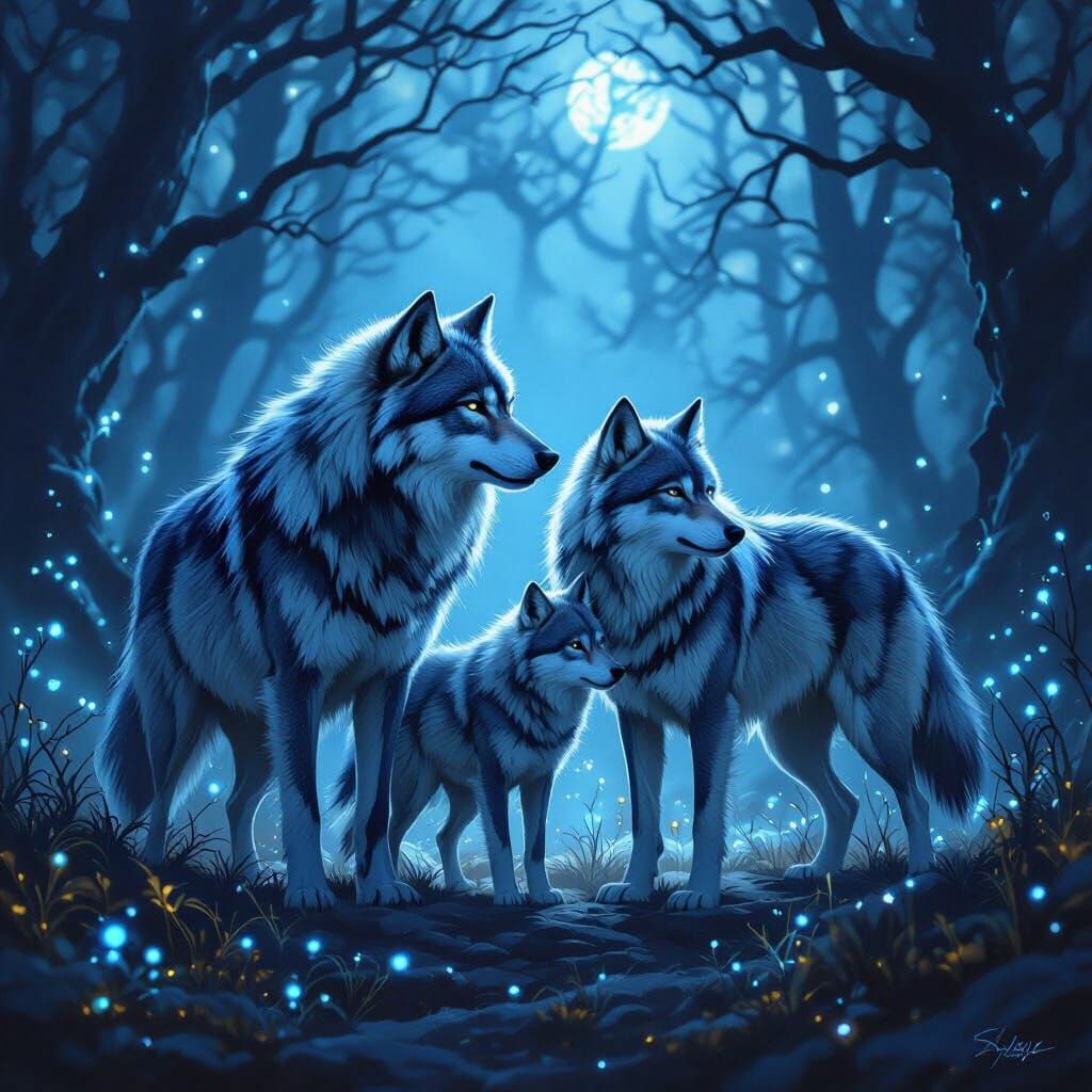 Dire Wolf Family with Ethereal Blue Glow in Mystical Forest