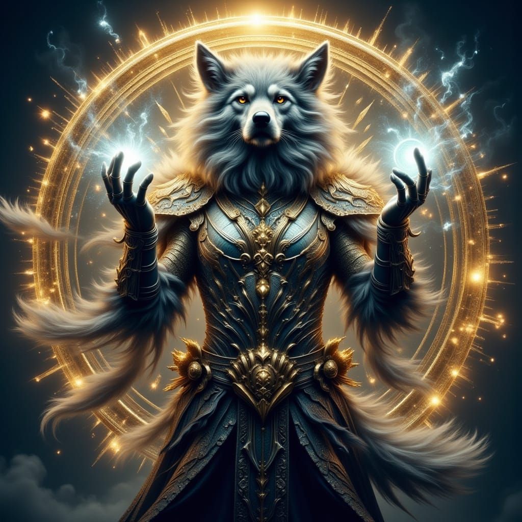 Armored Anthro Wolf with Magic Rings in Aetherpunk City