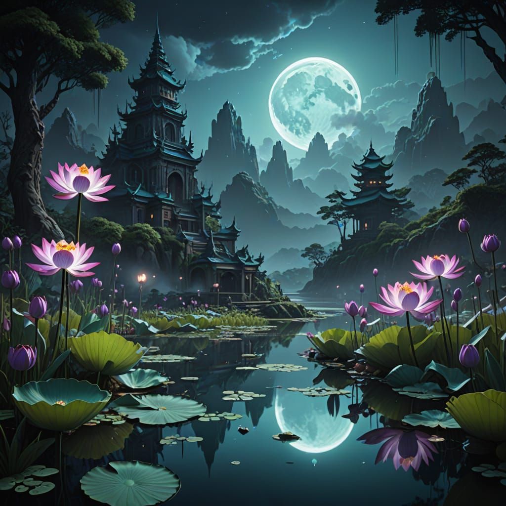 Mystical Pond at Twilight: Lotus Flowers and Fireflies in Ja...