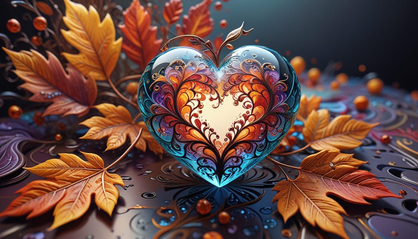 Crystal Heart with Autumn Leaves in Digital Art Style